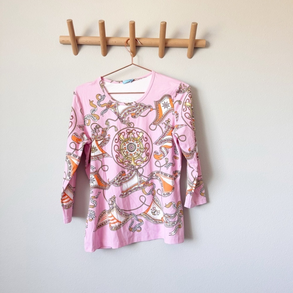 J. McLaughlin Pink Scarf-Print Scoop Neck Long Sleeve Top